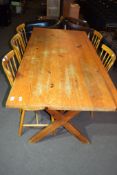 MODERN PINE KITCHEN TABLE, LENGTH APPROX 183CM, WIDTH APPROX 83CM, PLUS A SET OF FIVE STICK BACK