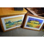 PAIR OF LARGE PINE FRAMES, EACH APPROX 92CM WIDTH CONTAINING PRINTS
