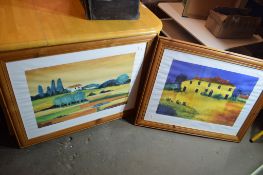 PAIR OF LARGE PINE FRAMES, EACH APPROX 92CM WIDTH CONTAINING PRINTS