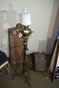 VINTAGE OIL LAMP ON WROUGHT IRON STAND, TOTAL HEIGHT APPROX 148CM