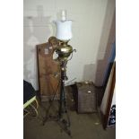 VINTAGE OIL LAMP ON WROUGHT IRON STAND, TOTAL HEIGHT APPROX 148CM