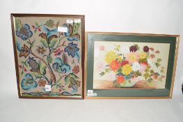 LARGE WATERCOLOUR OF FLOWERS IN GILT FRAME TOGETHER WITH AN EMBROIDERED PICTURE OF FLOWERS IN WOODEN