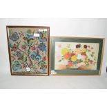 LARGE WATERCOLOUR OF FLOWERS IN GILT FRAME TOGETHER WITH AN EMBROIDERED PICTURE OF FLOWERS IN WOODEN