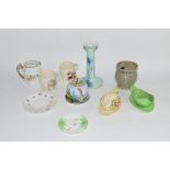 GROUP OF POTTERY WARES INCLUDING GREEN GLAZED CANDLESTICK WITH LANDSCAPE DECORATION