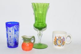 COMMEMORATIVE MUG, BLUE GROUND, GLASS BEAKER AND FURTHER GREEN WINE GLASS