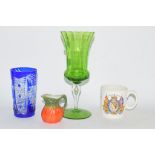 COMMEMORATIVE MUG, BLUE GROUND, GLASS BEAKER AND FURTHER GREEN WINE GLASS