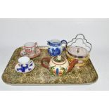 MOTTO WARE TEA POT, CERAMIC ITEMS INCLUDING BLUE AND WHITE JUG