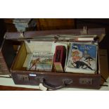 VINTAGE LEATHER SUITCASE CONTAINING A QUANTITY OF VINTAGE CHILDREN'S BOOKS INCLUDING THE STIRRING