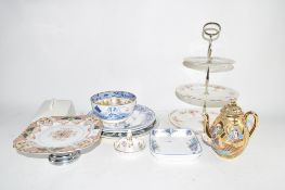 QUANTITY OF CERAMIC ITEMS INCLUDING BLUE AND WHITE BOWL, CAKE STAND WITH 3 TIERS AND ORIENTAL TEA