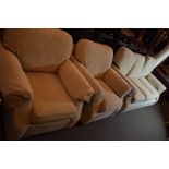 THREE-PIECE SUITE COMPRISING THREE SEATER SOFA AND TWO ARMCHAIRS, THE SOFA APPROX 190CM