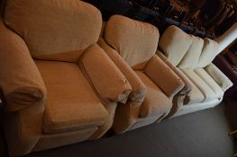 THREE-PIECE SUITE COMPRISING THREE SEATER SOFA AND TWO ARMCHAIRS, THE SOFA APPROX 190CM