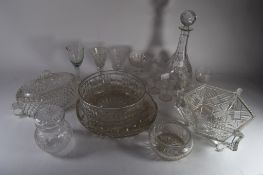 LARGE CUT GLASS DECANTER TOGETHER WITH OTHER CUT GLASS ITEMS INCLUDING FRUIT BOWL AND STAND