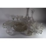 LARGE CUT GLASS DECANTER TOGETHER WITH OTHER CUT GLASS ITEMS INCLUDING FRUIT BOWL AND STAND