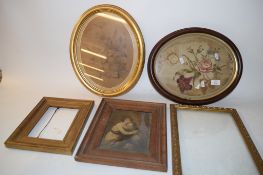 EMBROIDERY OF FLOWERS IN OVAL FRAME, TOGETHER WITH QUANTITY OF GILT FRAMES