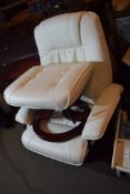 LEATHER ARMCHAIR PLUS MATCHING FOOT STOOL, CHAIR WIDTH MAX APPROX 80CM