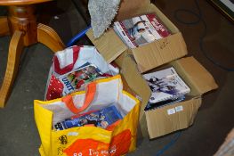 THREE BOXES AND TWO BAGS OF VARIOUS FOOTBALL BOOKS AND MAGAZINES