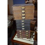 THREE SMALL VINTAGE CARD TYPE FILING UNITS, WIDEST APPROX 39CM