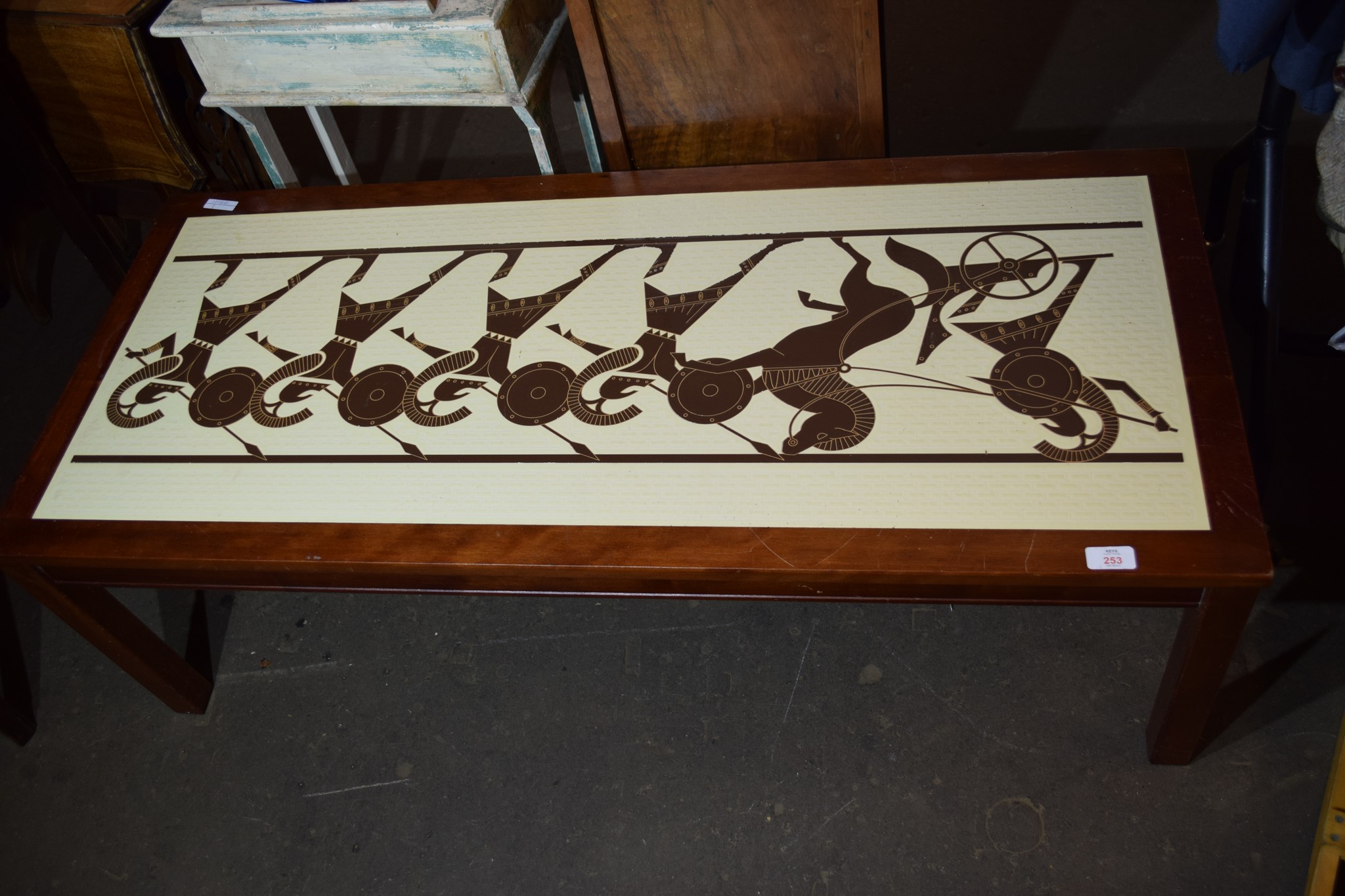DECORATIVE COFFEE TABLE INSET WITH A DEPICTION OF GREEK WARRIORS, LENGTH APPROX 122CM