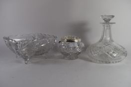 CUT GLASS SHIPS DECANTER WITH CUT GLASS ROSE BOWL AND FRUIT BOWL