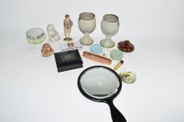 BOX CONTAINING CERAMIC ITEMS AND A MIRROR IN WOODEN FRAME, TOGETHER WITH A BLACK FOREST CUCKOO