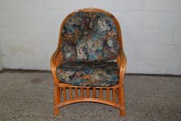 UPHOLSTERED CANE CONSERVATORY CHAIR, WIDTH APPROX 76CM, TOGETHER WITH A CANE FRAMED UPRIGHT CHAIR