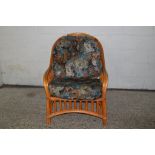 UPHOLSTERED CANE CONSERVATORY CHAIR, WIDTH APPROX 76CM, TOGETHER WITH A CANE FRAMED UPRIGHT CHAIR