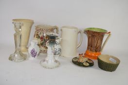 TWO ROYAL WORCESTER BICENTENARY JUGS DATED 1951, FURTHER POTTERY JUGS AND A CANDLESTICK INCLUDING