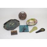 SMALL BOX CONTAINING LACQUER DISH AND PAINTED WOODEN MATCHBOX HOLDER AND FURTHER DISH WITH PRINT