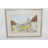 WATERCOLOUR OF THE VILLAGE GREEN, LUSTLEIGH, SIGNED JOYCE HILL