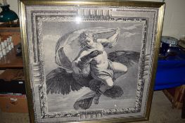 VERY LARGE FRAMED PRINT DEPICTING A CHERUB WITH AN EAGLE, TOTAL SIZE APPROX 135CM SQUARE