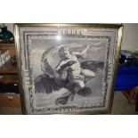VERY LARGE FRAMED PRINT DEPICTING A CHERUB WITH AN EAGLE, TOTAL SIZE APPROX 135CM SQUARE