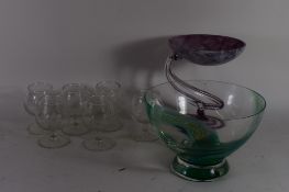 TWO ART GLASS VASES AND SIX SMALL GLASSES