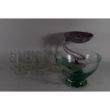 TWO ART GLASS VASES AND SIX SMALL GLASSES