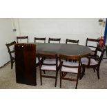 GOOD QUALITY REPRODUCTION DINING TABLE AND TWO EXTRA LEAVES AND EIGHT REGENCY STYLE DINING CHAIRS