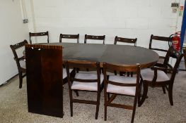 GOOD QUALITY REPRODUCTION DINING TABLE AND TWO EXTRA LEAVES AND EIGHT REGENCY STYLE DINING CHAIRS