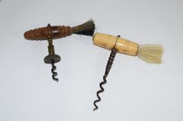 TWO CORKSCREWS, ONE WITH BONE HANDLE