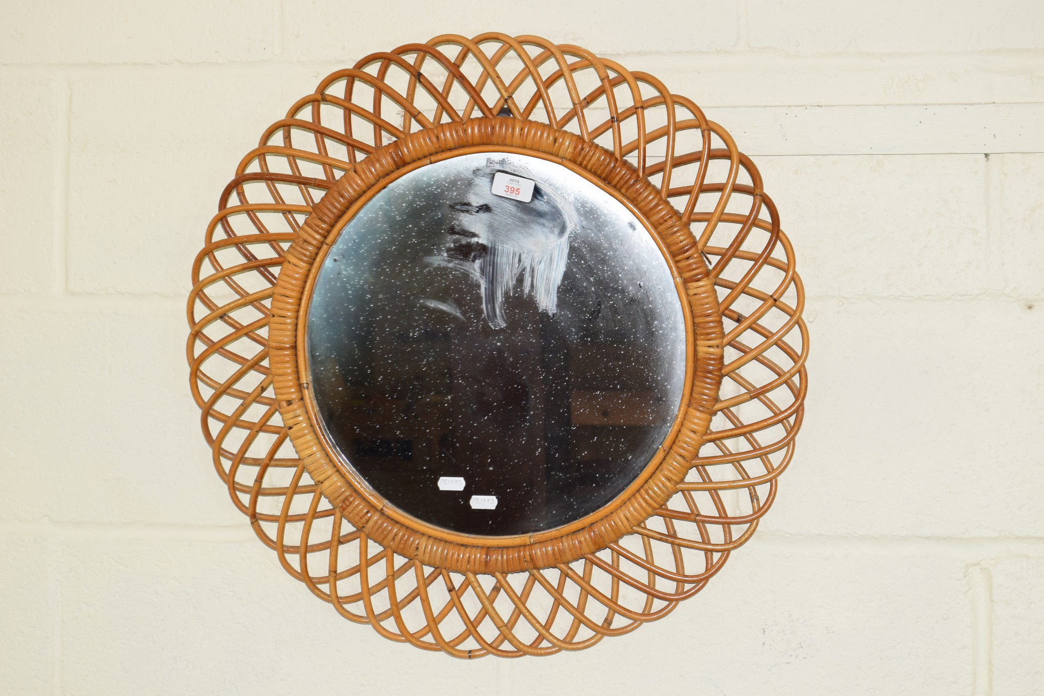 CIRCULAR MIRROR WITH CANE SURROUND, TOTAL DIAM APPROX 60CM