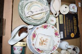 BOX CONTAINING VARIOUS CHINA AND GLASS INCLUDING A PART TEA SET BY ROYAL STAFFORD AND FURTHER