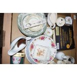 BOX CONTAINING VARIOUS CHINA AND GLASS INCLUDING A PART TEA SET BY ROYAL STAFFORD AND FURTHER