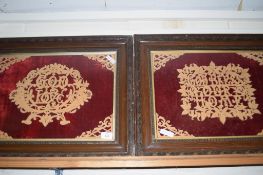 PAIR OF FRAMED FRETWORK DECORATIONS "GOD IS LOVE" AND "GOD BLESS OUR HOME", EACH MOUNTED IN A