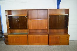 THREE MATCHING RETRO TEAK EFFECT SIDE CABINETS COMPRISING TWO DISPLAY CABINETS WITH SMOKED GLASS