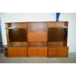 THREE MATCHING RETRO TEAK EFFECT SIDE CABINETS COMPRISING TWO DISPLAY CABINETS WITH SMOKED GLASS