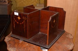 SMALL LATE 19TH/EARLY 20TH CENTURY REVOLVING BOOK STAND WITH INLAID DECORATION, WIDTH APPROX 35CM