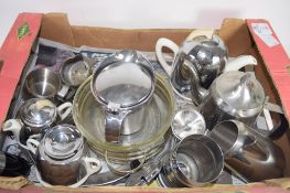 BOX CONTAINING METAL STAINLESS STEEL TEA POT, COFFEE POT AND VARIOUS OTHER TEA ITEMS