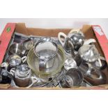 BOX CONTAINING METAL STAINLESS STEEL TEA POT, COFFEE POT AND VARIOUS OTHER TEA ITEMS