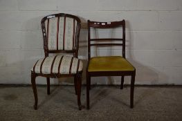 REPRODUCTION REGENCY STRIPE UPHOLSTERED SIDE CHAIR AND A FURTHER MODERN DINING CHAIR