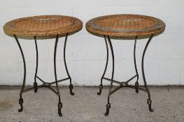 PAIR OF METAL FRAMED WICKER TOP CONSERVATORY ROUND TABLES, EACH APPROX 56CM DIAM