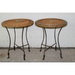 PAIR OF METAL FRAMED WICKER TOP CONSERVATORY ROUND TABLES, EACH APPROX 56CM DIAM