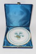 CASED PLATE WITH PRINCE OF WALES FEATHERS MADE BY ROYAL DOULTON, THE REVERSE WITH INSCRIPTION "