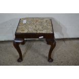 19TH CENTURY SMALL DRESSING TABLE STOOL, RAISED ON CABRIOLE LEGS WITH NEEDLEPOINT UPHOLSTERY,